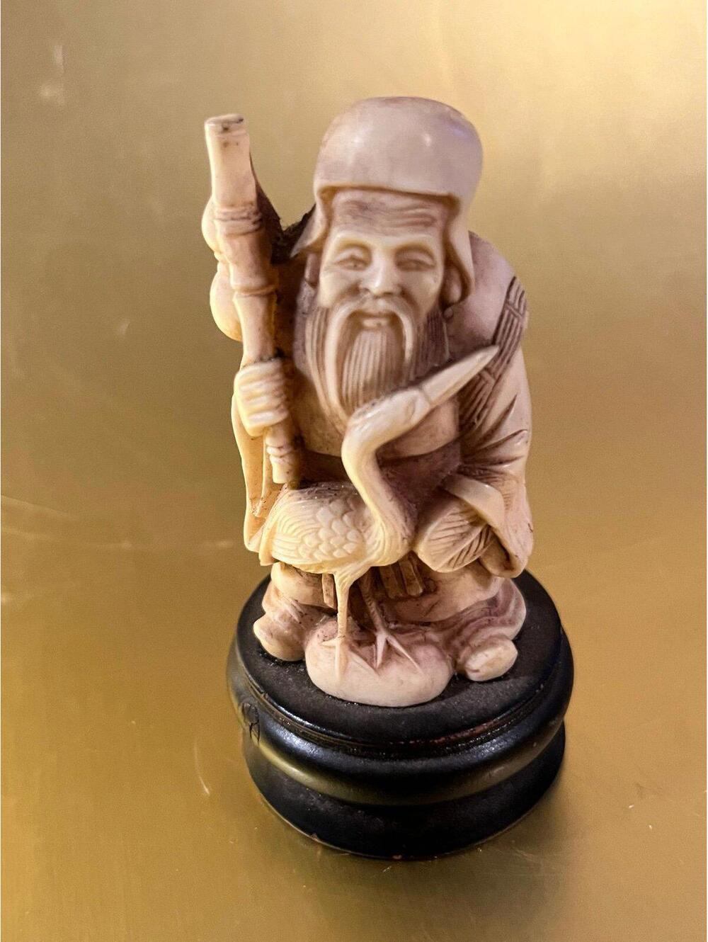Vintage Carved Resin Figurine of Chinese Wiseman w/Staff & Crane Bird Mudman